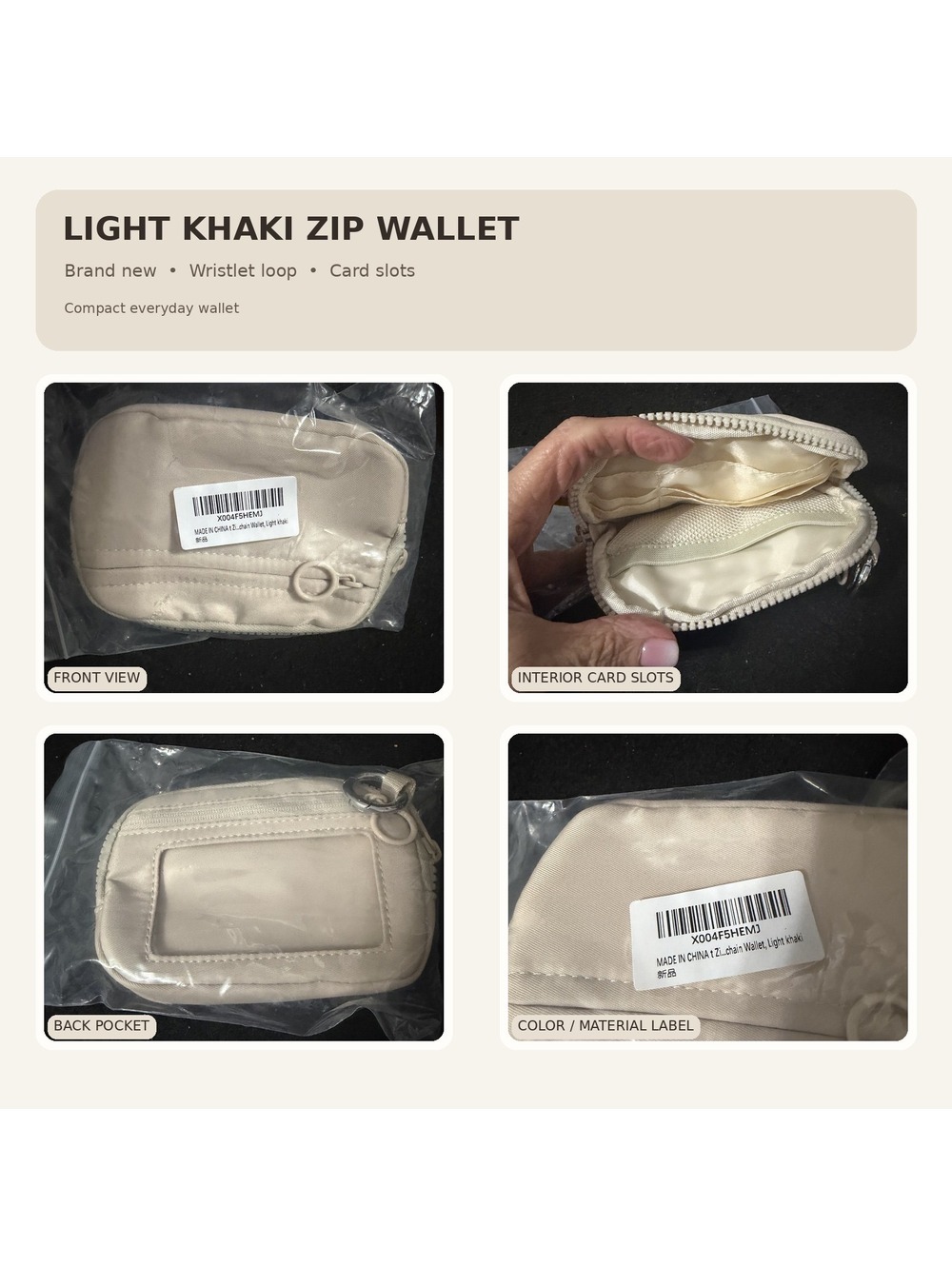 New Light Khaki Zip Wallet with Card Slots